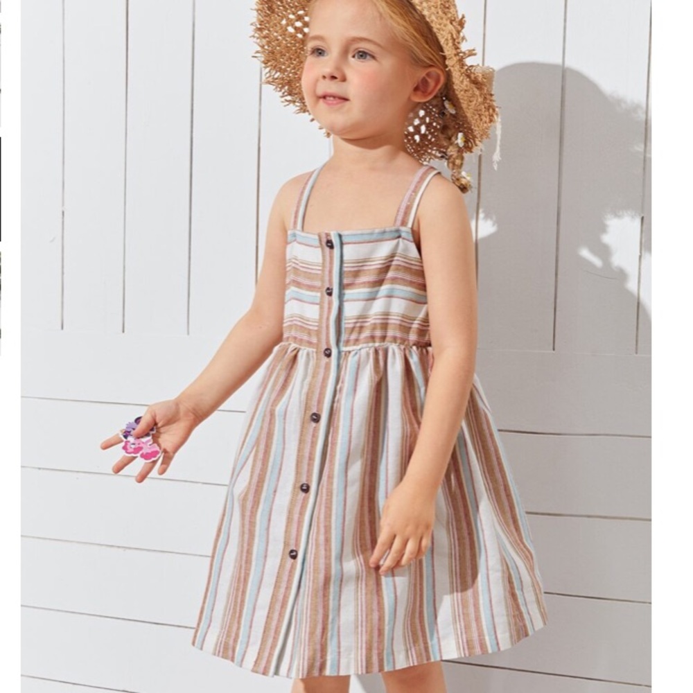 Cream Multicolor Stripe Crisscross Back Button Strap Dress NEW - Picture 4 of 16